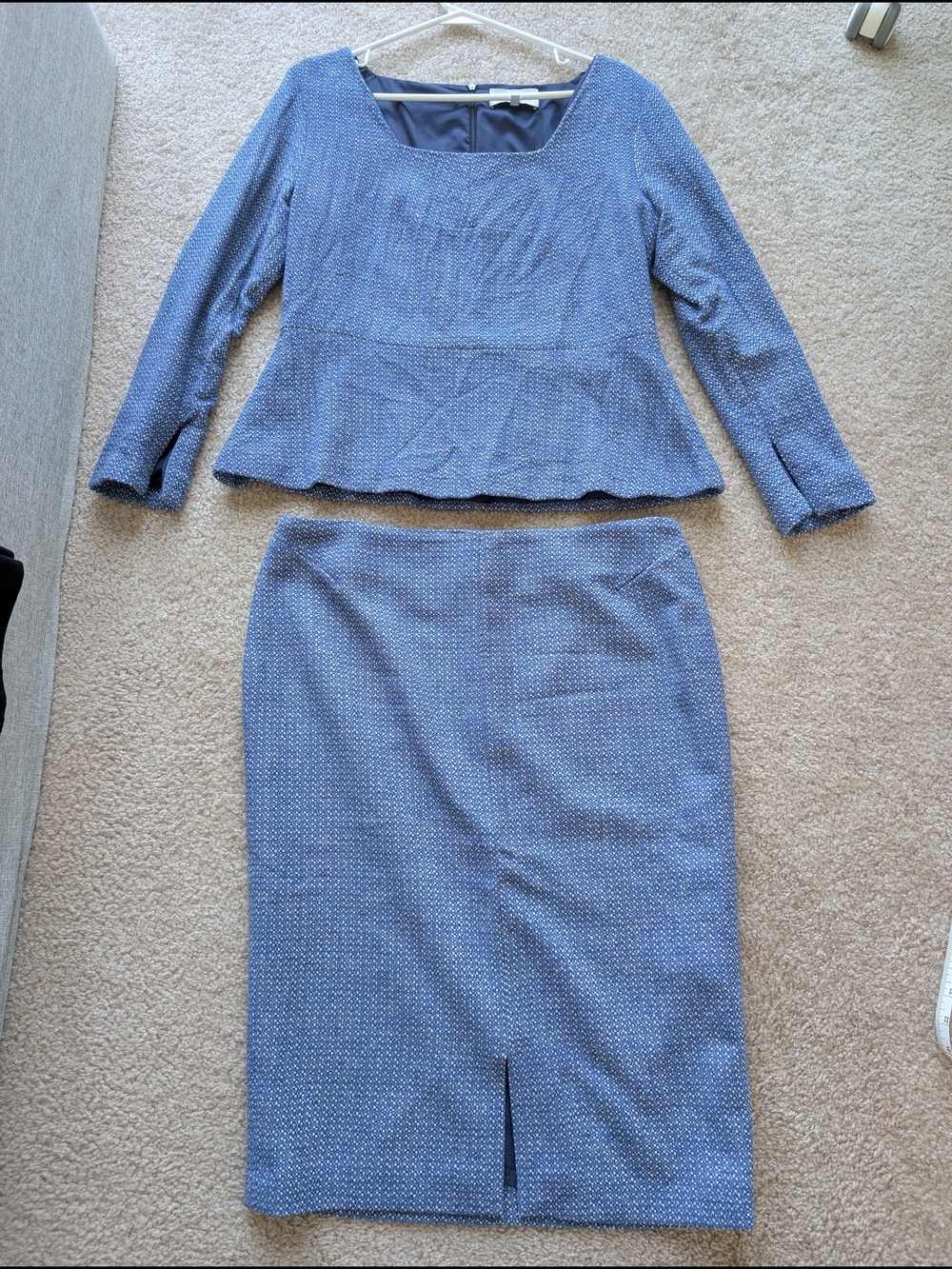Classic Blue Tweed Pencil Skirt and Peplum Top - Women's Blue